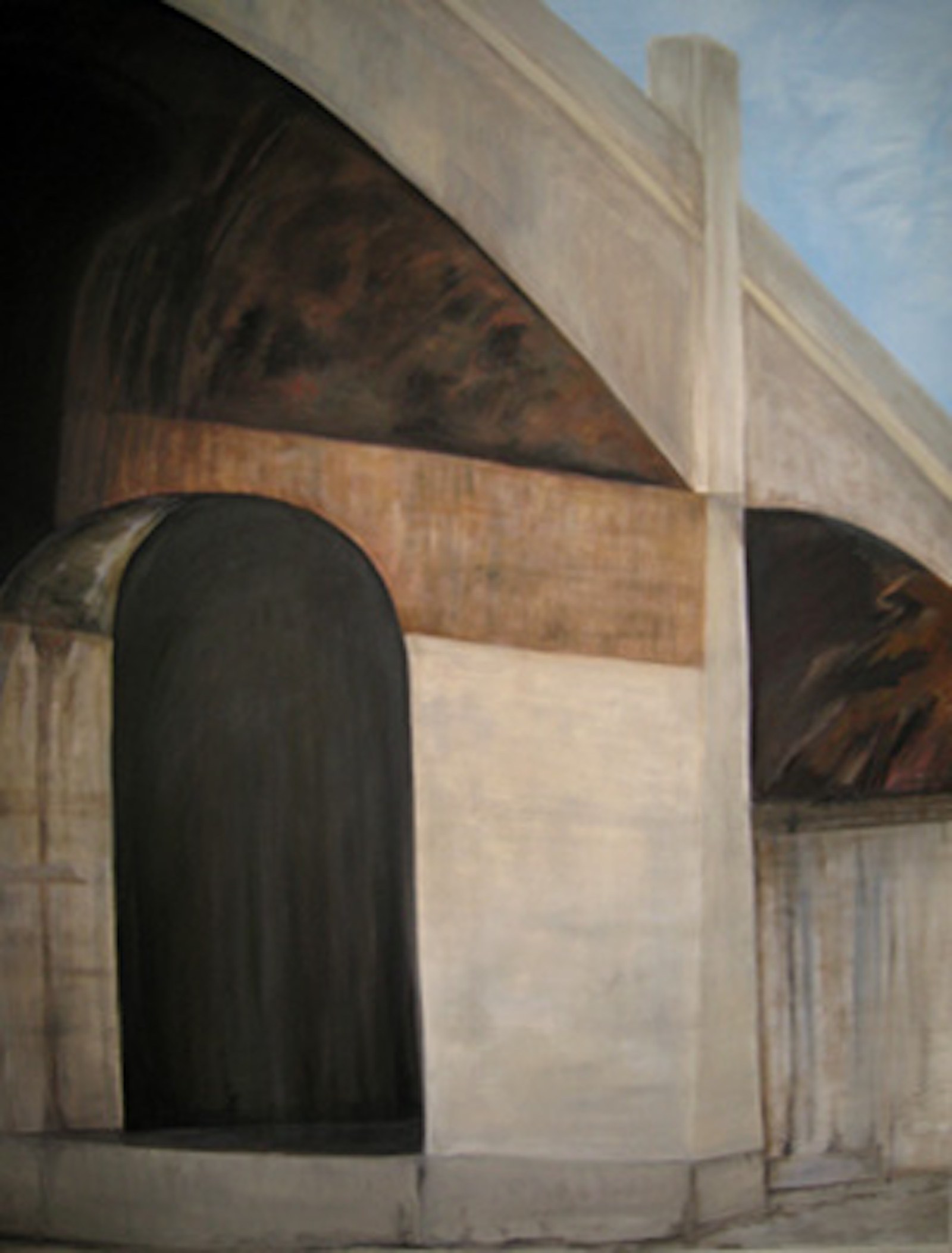 Painting of the underside of a concrete bridge, its deep arched openings framed by warm ochre and shadowed stone against a pale sky.