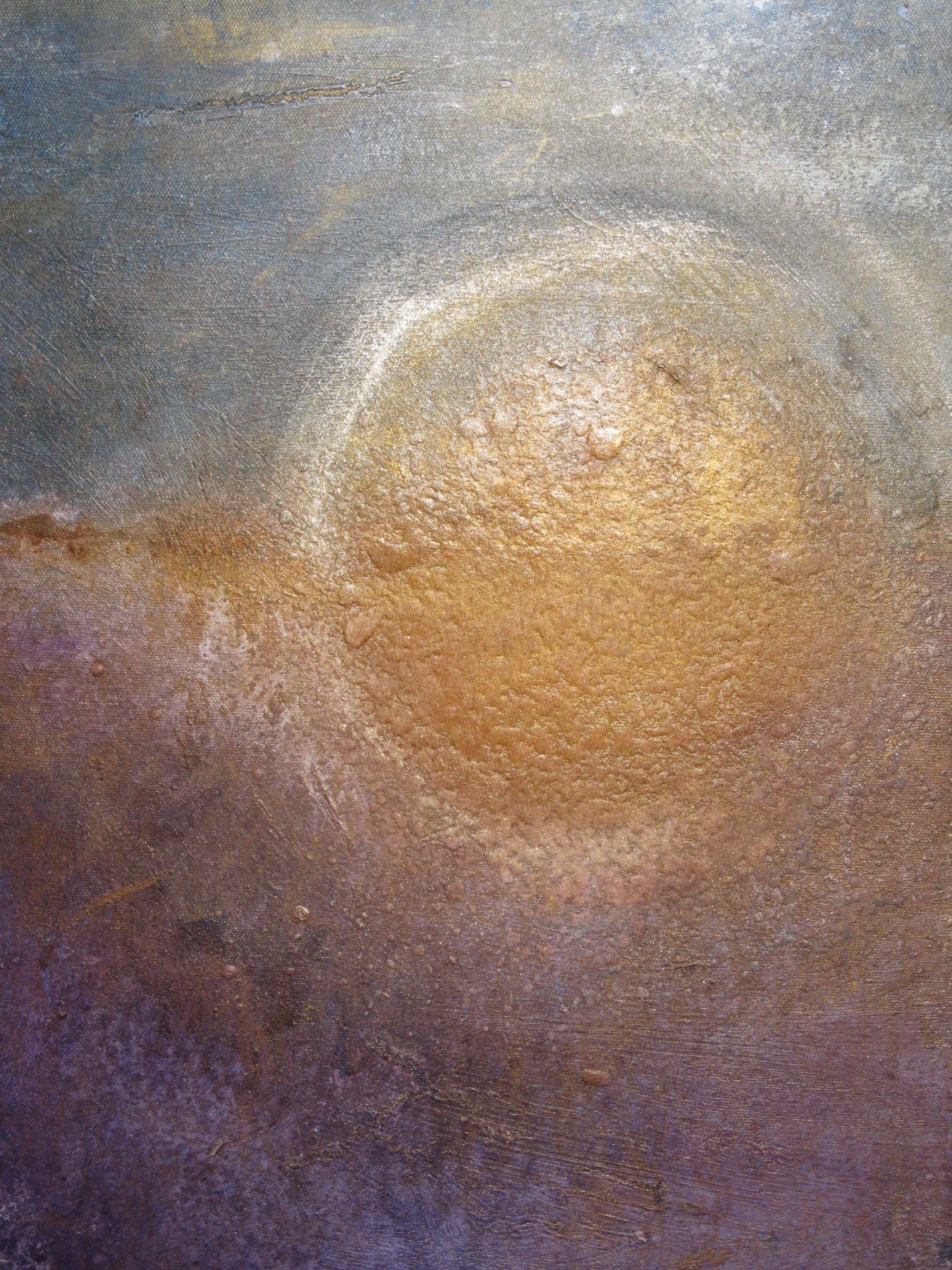 A luminous gold orb glowing at the centre of a textured field of slate blue and violet.