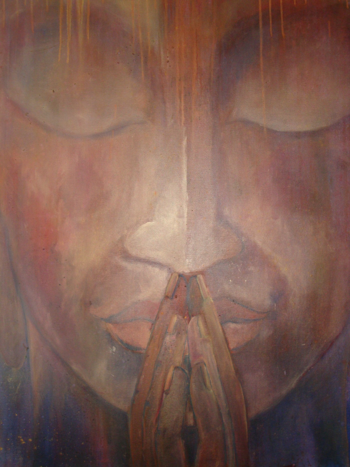 Buddha, oil and pastel: a serene close-cropped face with closed eyes and hands raised in prayer, in warm rose, violet and gold.
