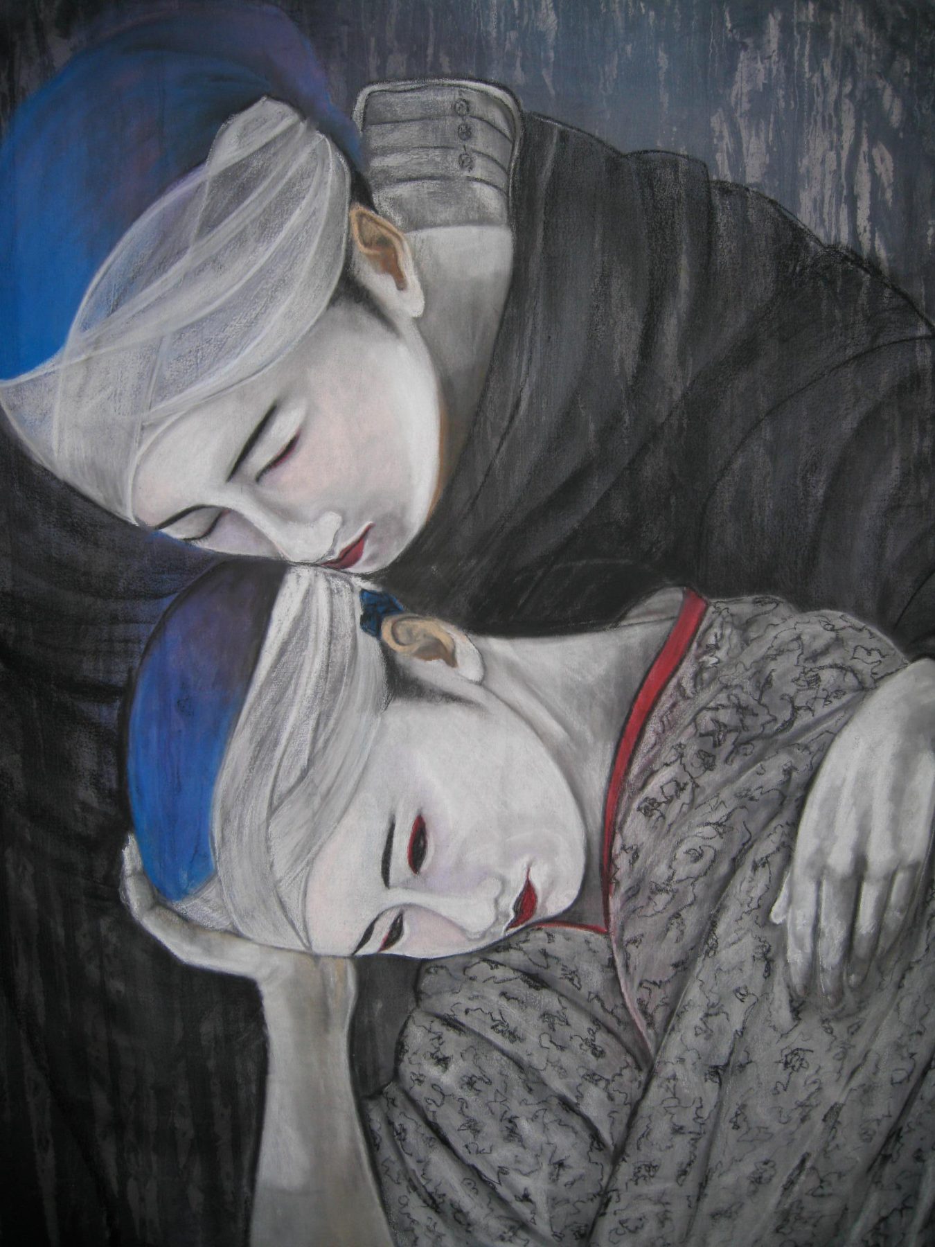 Two geishas resting close together, one watching over the other, faces pale against dark hair and a red-trimmed patterned robe, in soft greys, white, blue and deep charcoal.