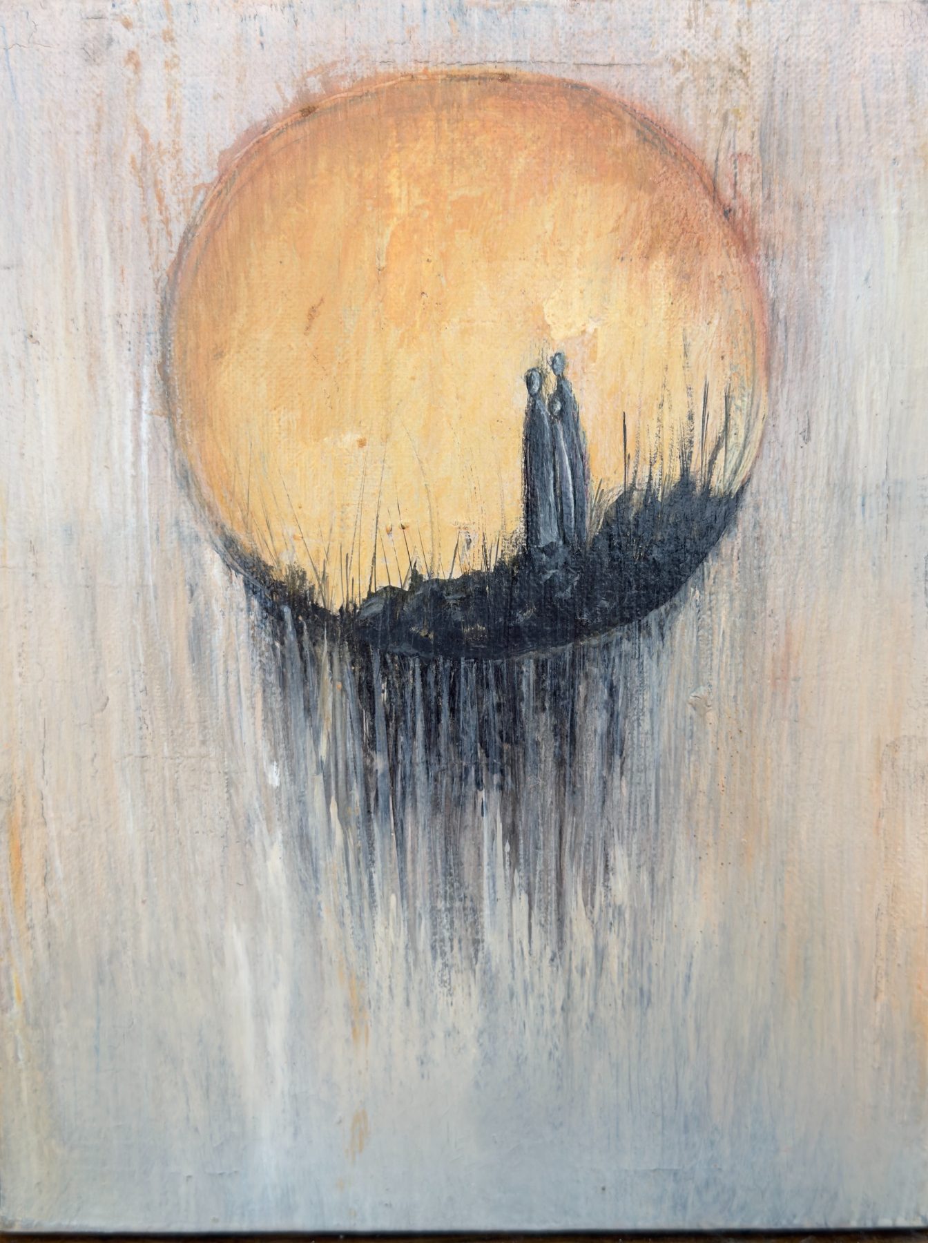 Two small figures standing together on a dark rise beneath a large, glowing amber sun.