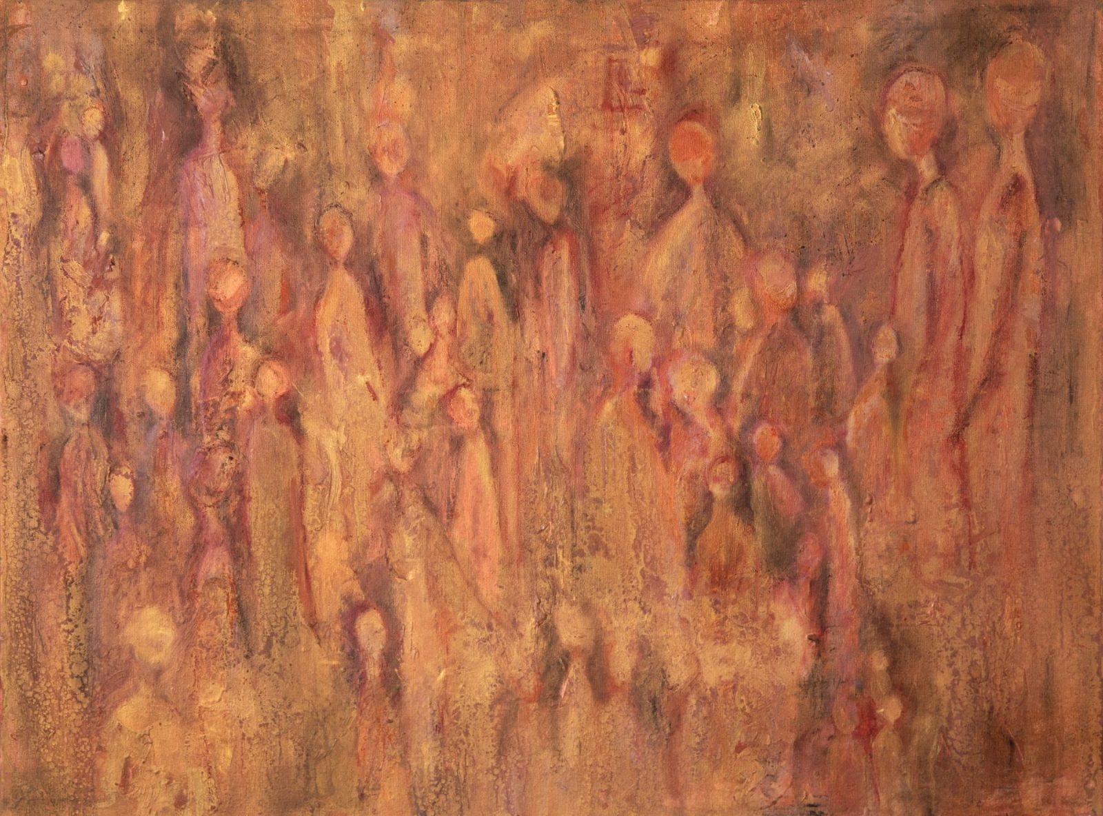 A painting of many gathered figures dissolving into a warm ochre and rose ground, a crowd, a community.