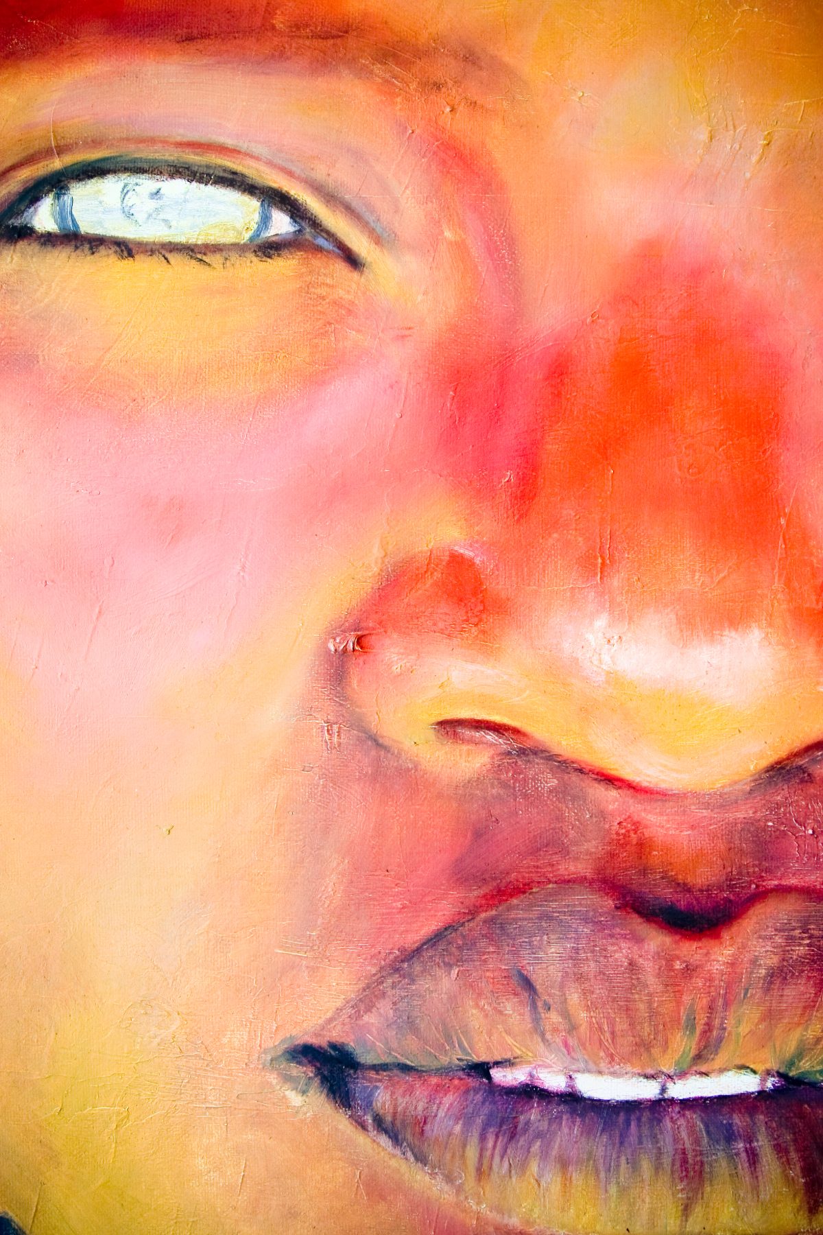 A large, intimate close-up of a single face, one bright eye, cheek and parted lips, painted in warm coral, gold and violet.
