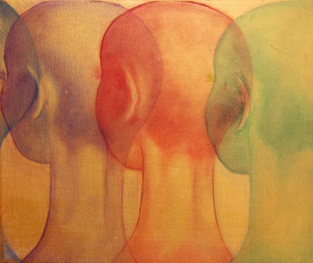 A softer watercolour study of three translucent overlapping heads in profile, washed in violet, coral and green.