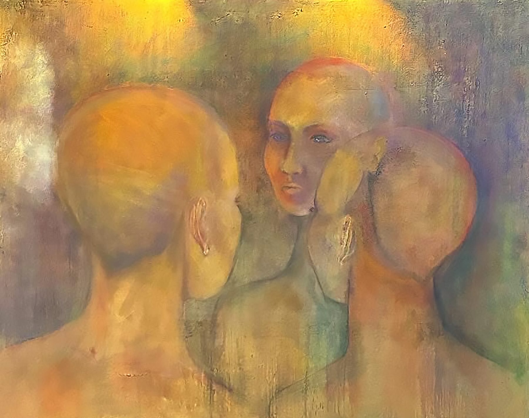 Painting of overlapping figures, a central face gazing outward, flanked by two turned heads, rendered in warm yellow, rose and soft green.
