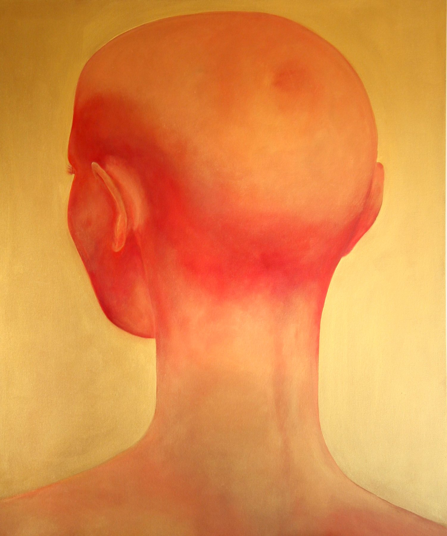 A single bowed head seen from behind, glowing coral and orange against a warm gold ground, the ear and nape softly luminous.
