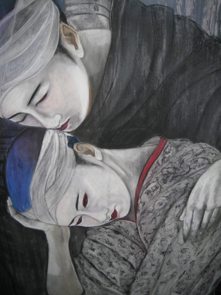 Painting of two geishas resting close together, one watching over the other, faces pale against dark hair and a red trimmed patterned robe, in soft greys, white, blue and deep charcoal.