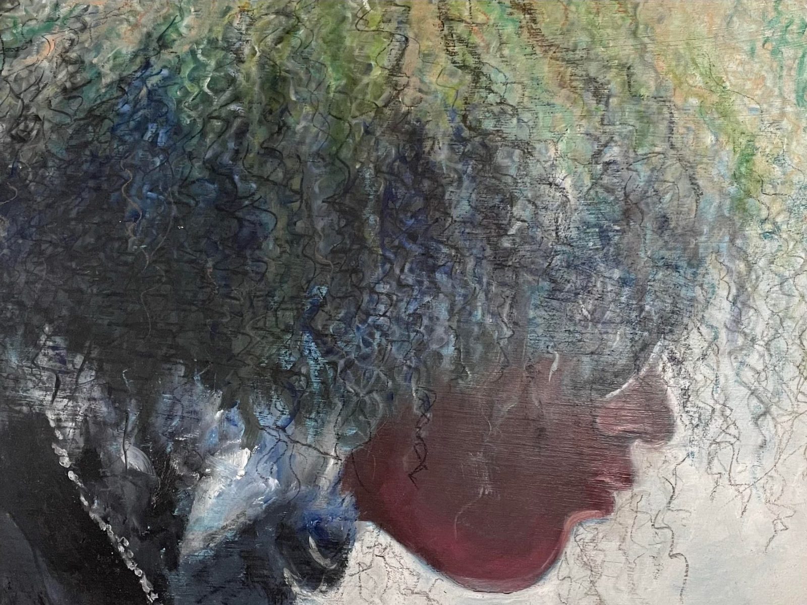 A work where a fall of dark, tangled hair meets a green landscape, with a bowed face emerging in deep rose.