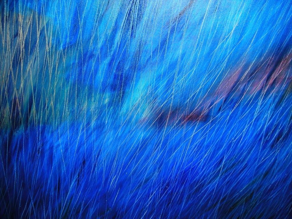 A dense, energetic abstract of vivid cobalt blue crossed by fine pale strokes like wind through grass.
