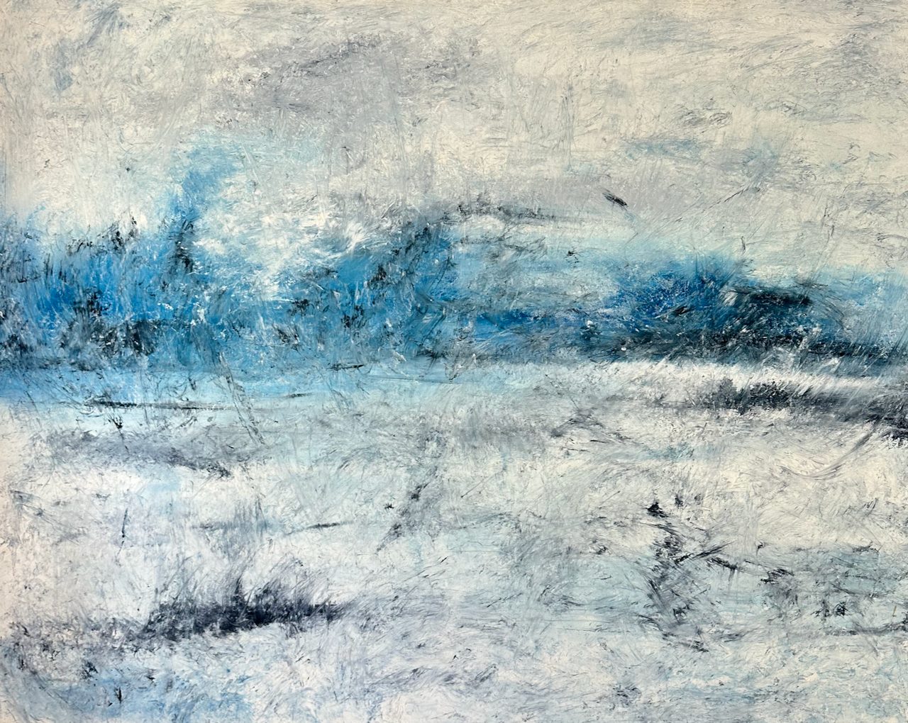 An atmospheric winter landscape in cool blues and whites, hedgerows dissolving into frost and mist.